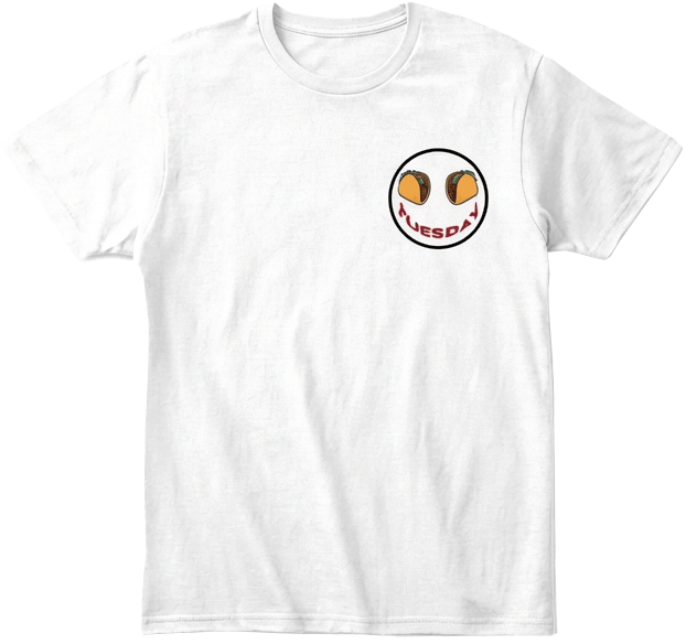 White t-shirt with left chest Taco Tuesday  graphic design with black trim.