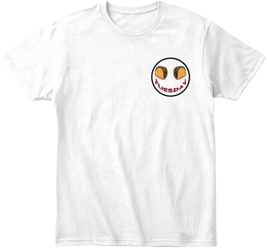 White t-shirt with left chest Taco Tuesday  graphic design with black trim.
