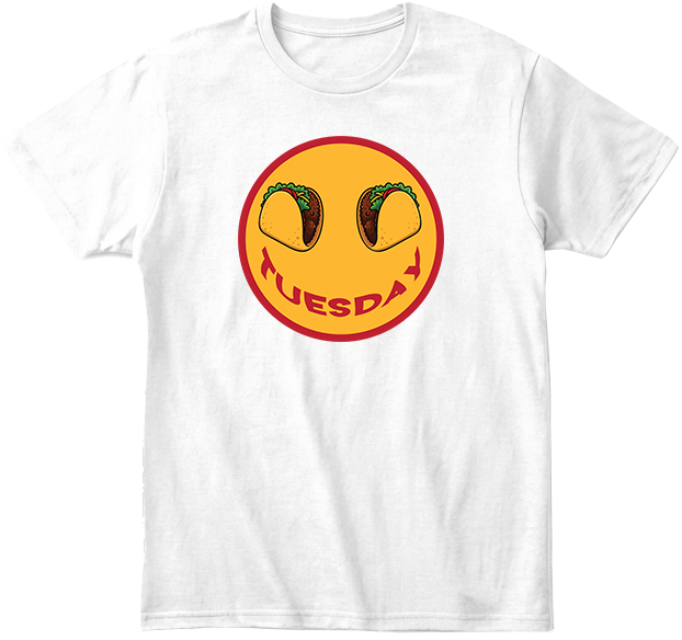 White t-shirt with a smiley face design featuring tacos and the word 'Tuesday' on a yellow background.