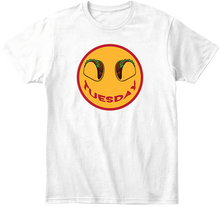 White t-shirt with a smiley face design featuring tacos and the word 'Tuesday' on a yellow background.