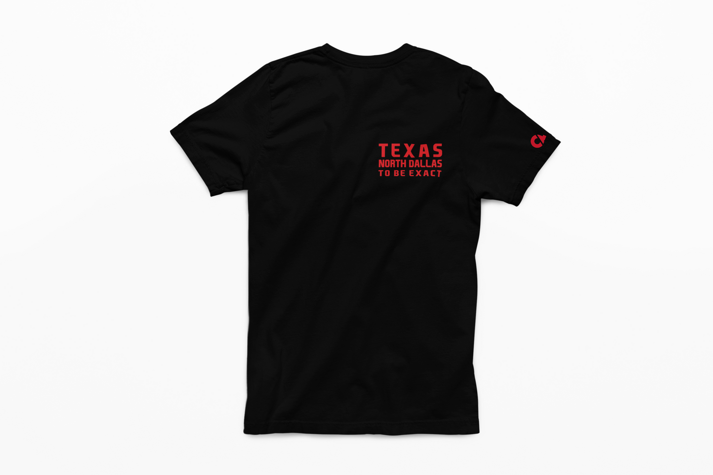 Black t-shirt with red text on a transparent background