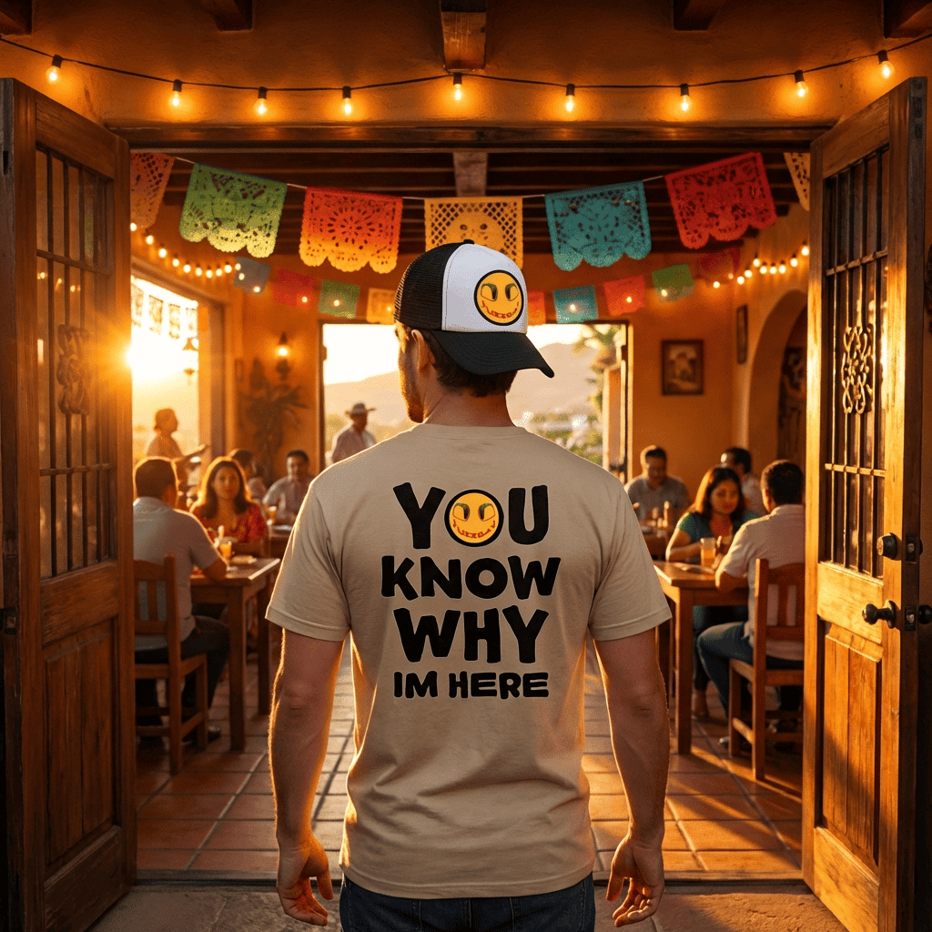 Person wearing a cap and t-shirt with text in a warm, inviting restaurant setting