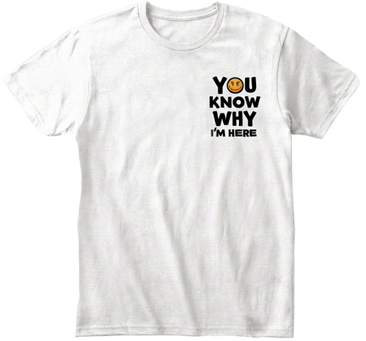 White t-shirt with left chest  text and emojis on a transparent background.