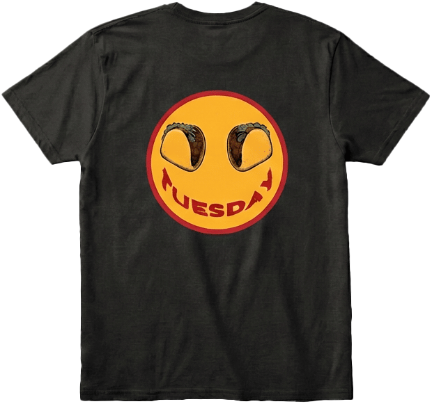 Back view of Black Taco Tuesday t-shirt with a smiley face design featuring tacos and the word 'Tuesday' smile.