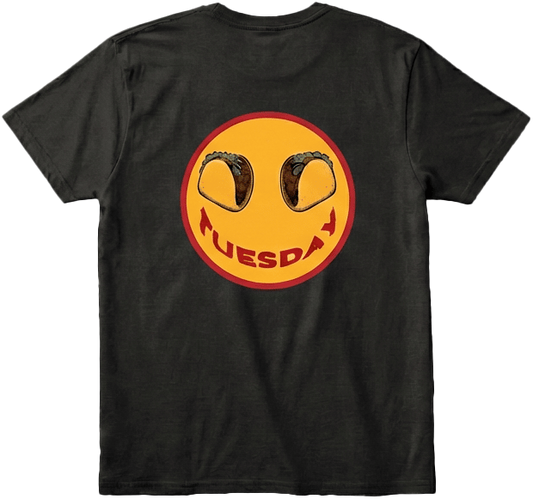 Back view of Black Taco Tuesday t-shirt with a smiley face design featuring tacos and the word 'Tuesday' smile.