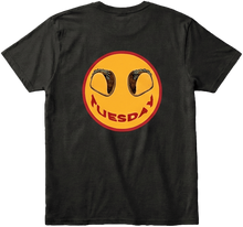 Back view of Black Taco Tuesday t-shirt with a smiley face design featuring tacos and the word 'Tuesday' smile.