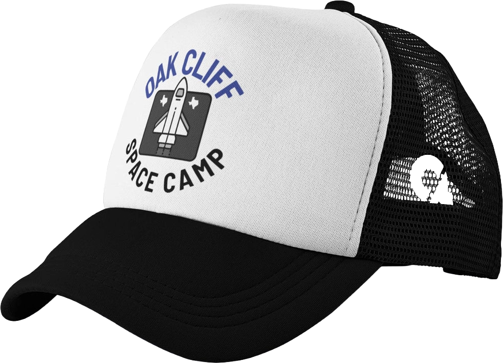 Black and white trucker cap with 'Oak Cliff Space Camp' text and logo on a white background