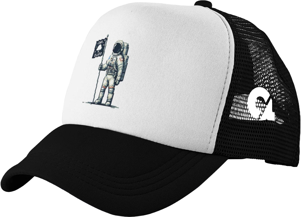 Black and white trucker hat with astronaut holding oak cliff flag  graphic on a transparent background