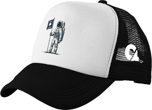 Black and white trucker hat with astronaut holding oak cliff flag  graphic on a transparent background