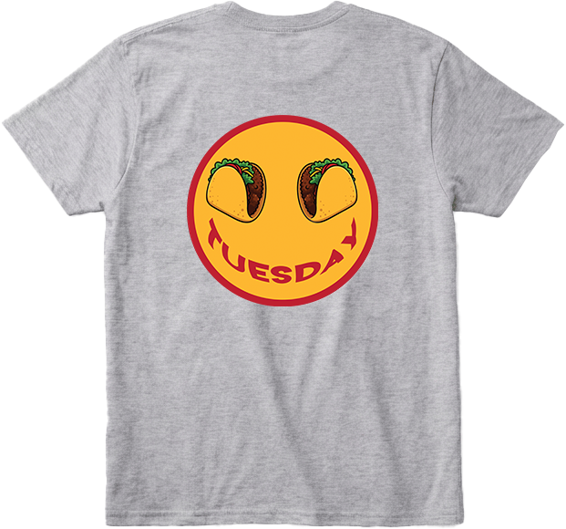 Back view Taco Tuesday t-shirt with large smiley face design featuring tacos and the word 'Tuesday' smile with red trim.