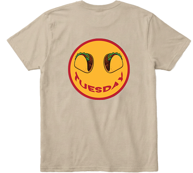  Back view khaki Taco Tuesday t-shirt with large smiley face design featuring tacos and the word 'Tuesday' smile with red trim.