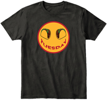 Back t-shirt t-shirt with a graphic of tacos for eyes and 'Tuesday' text smile.