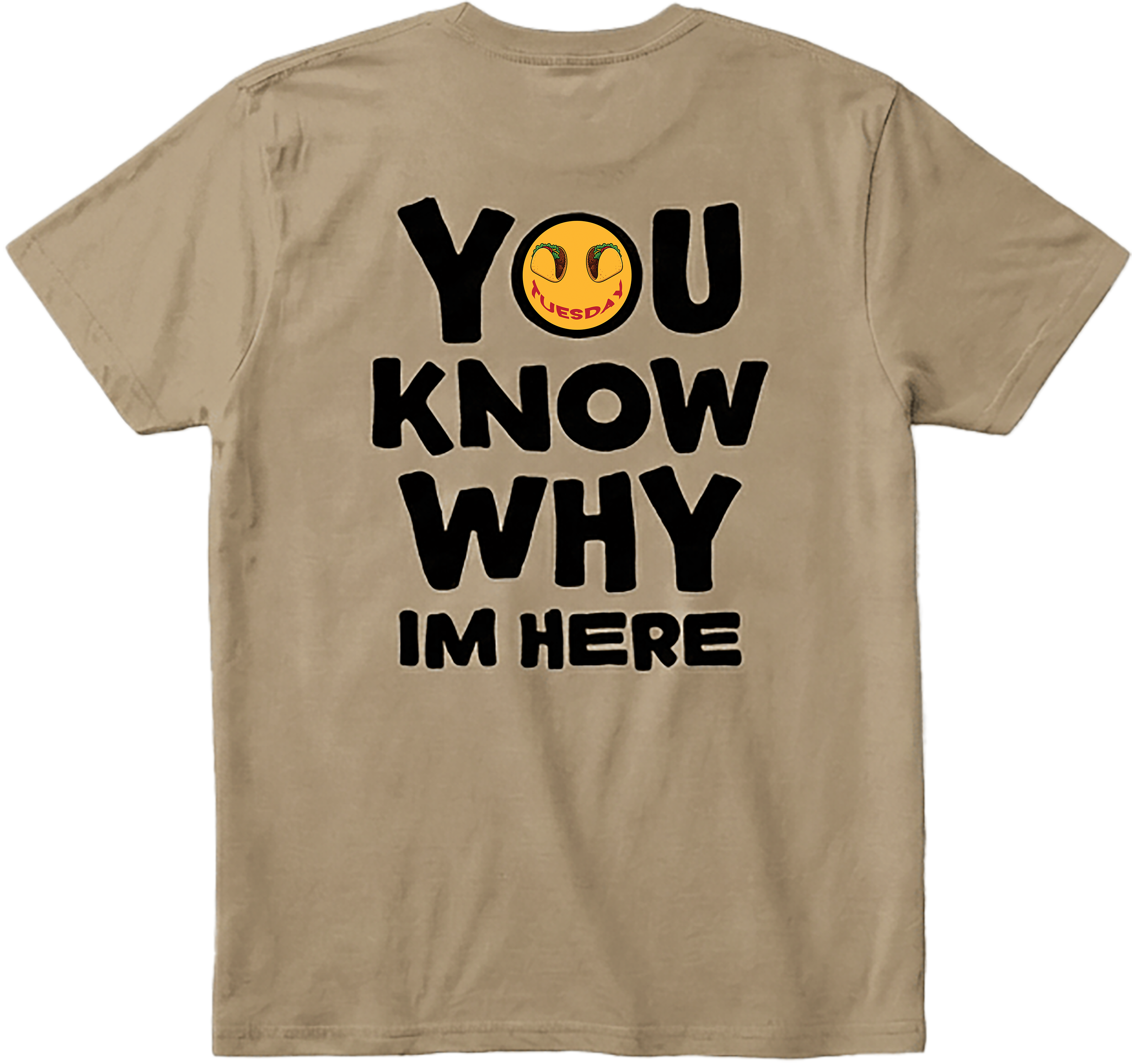 Back view khaki t-shirt with text 'YOU KNOW WHY I'M HERE' on a transparent background