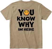 Back view khaki t-shirt with text 'YOU KNOW WHY I'M HERE' on a transparent background
