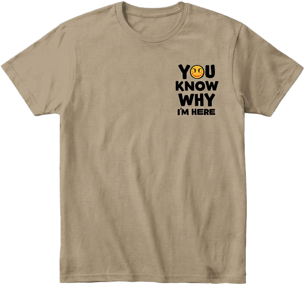 Khaki  t-shirt with left chest  text and smiley face design on a transparent background