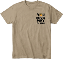 Khaki  t-shirt with left chest  text and smiley face design on a transparent background