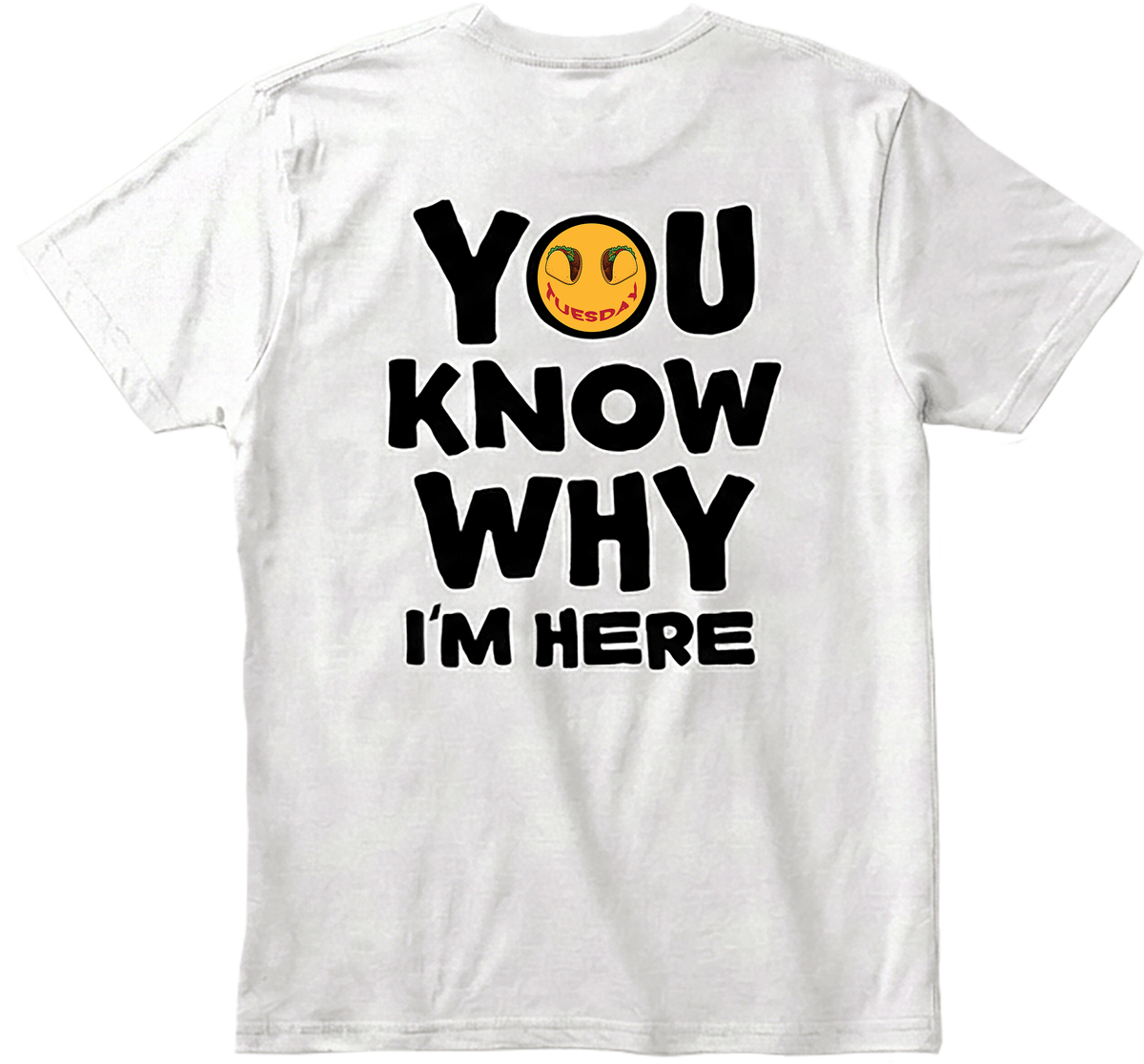 Back view White t-shirt with black text and a yellow smiley face on a transparent  background.