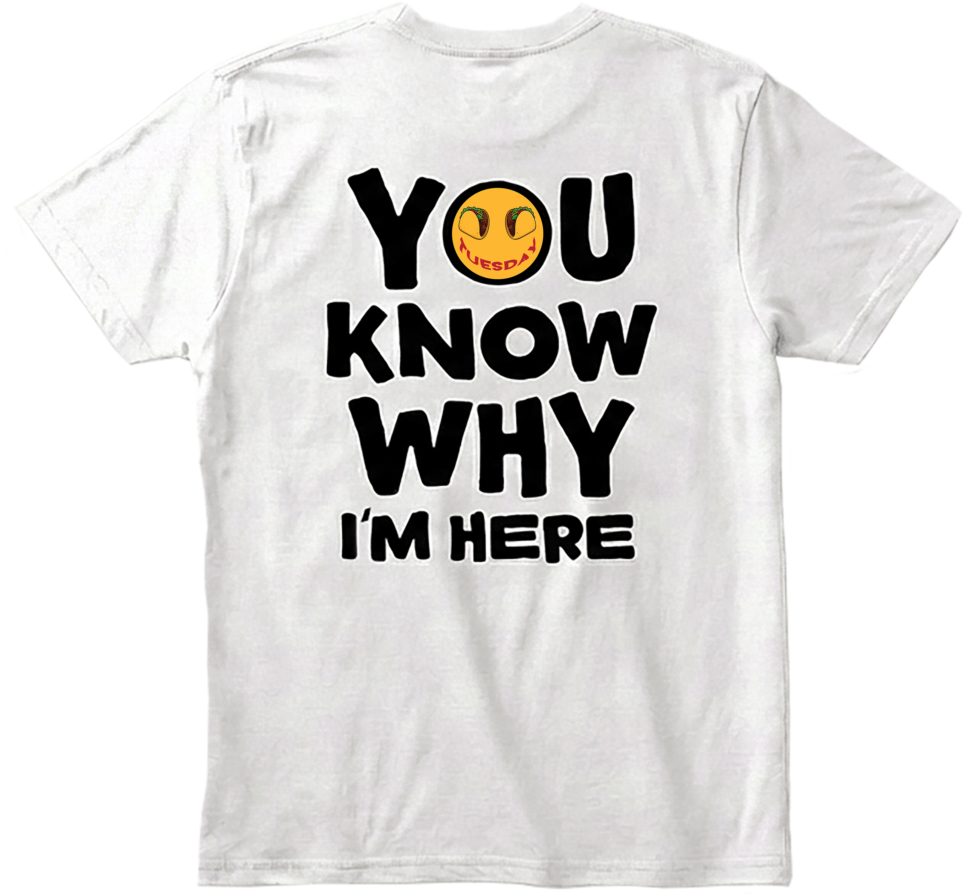 Back view White t-shirt with black text and a yellow smiley face on a transparent  background.