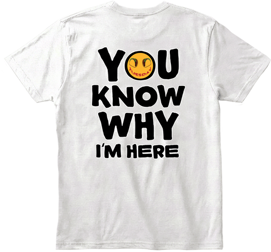 Back view White t-shirt with black text and a yellow smiley face on a transparent  background.