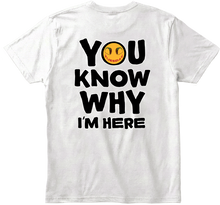 Back view White t-shirt with black text and a yellow smiley face on a transparent  background.