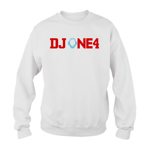 DJ ONE4 crewneck  (red print  w/ black O)