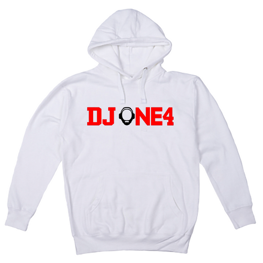 DJ ONE4 HOODIE  (red print  w/ black O)